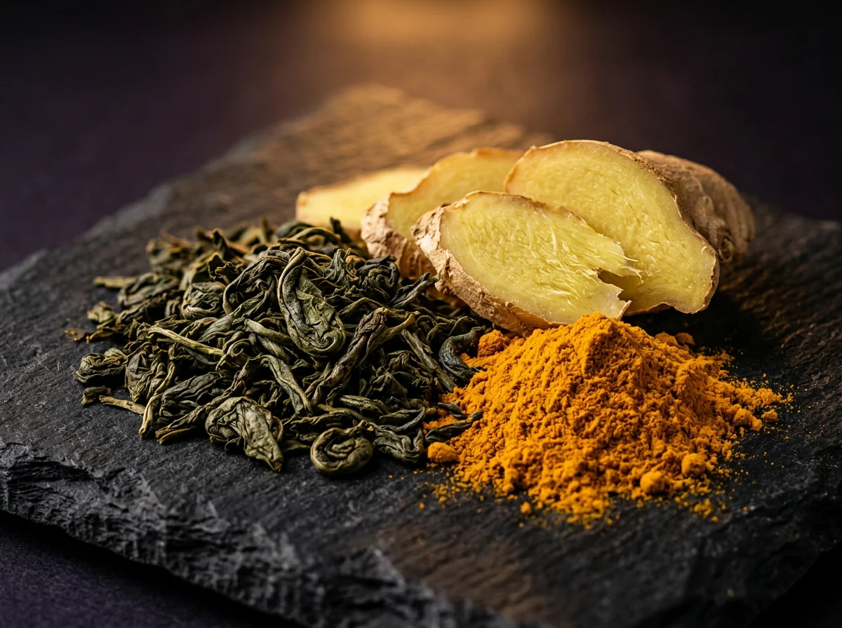 Botanical herbs including green tea, ginger and turmeric close-up