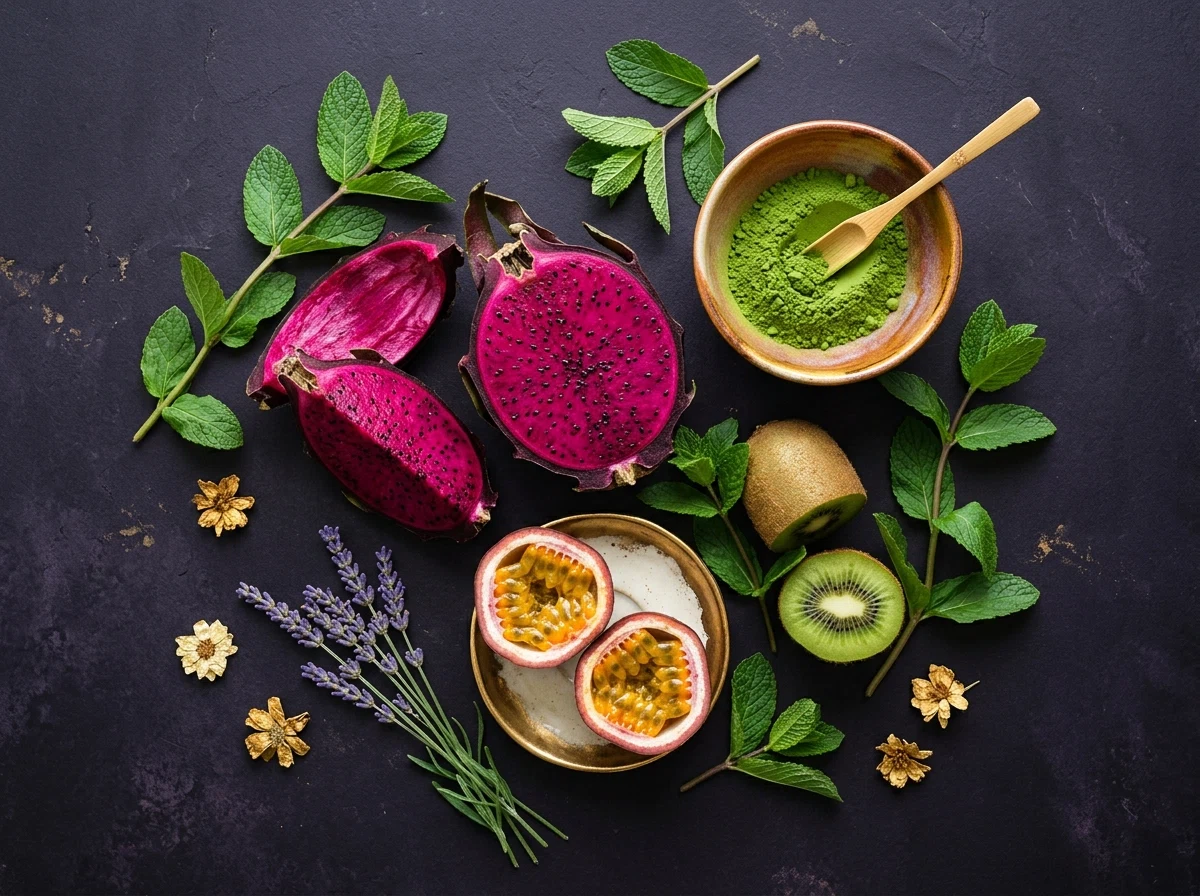 Tropical fruits and matcha botanicals overhead flat-lay