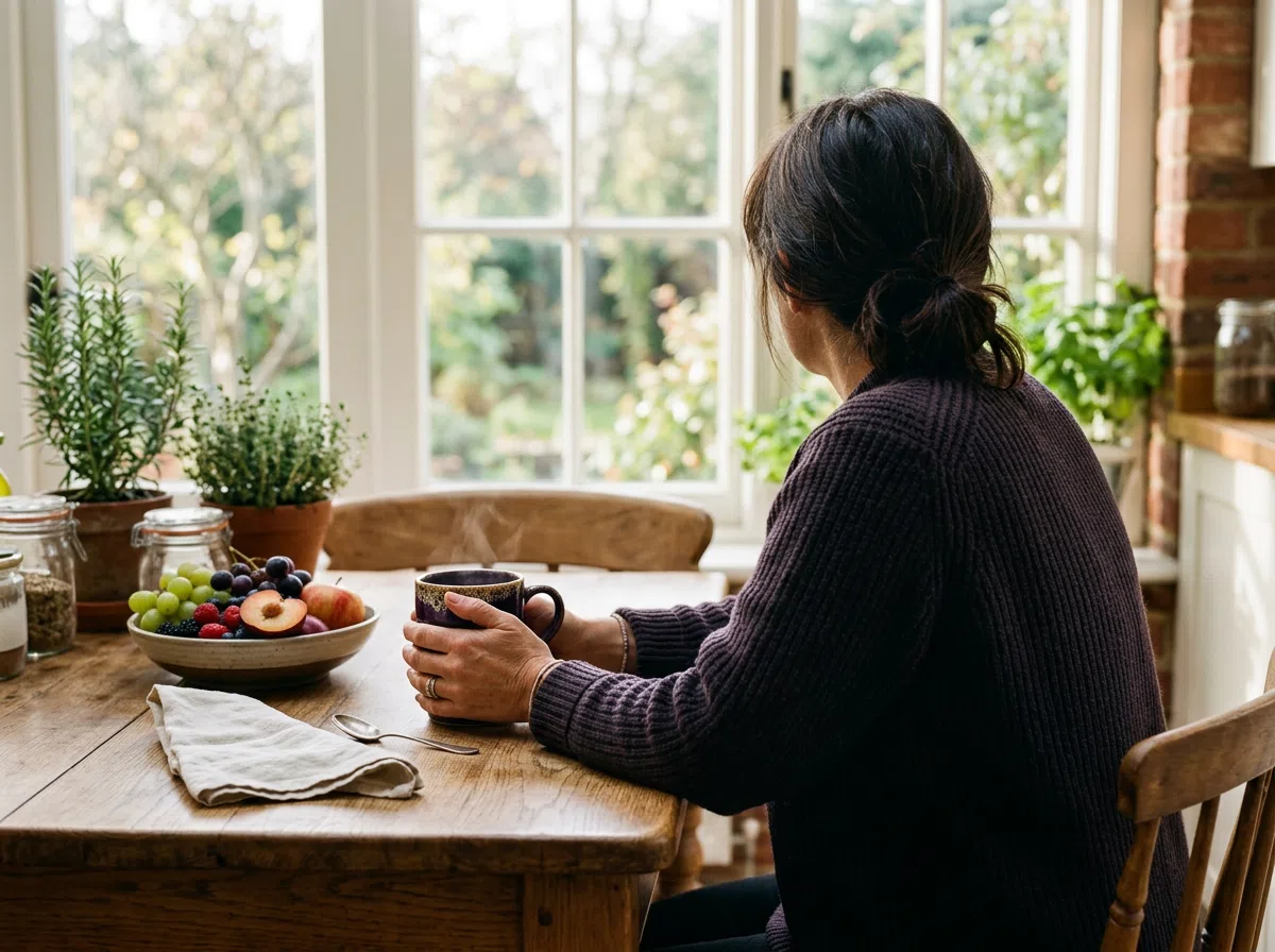 Person sitting at a bright kitchen table with a warm mug, morning light